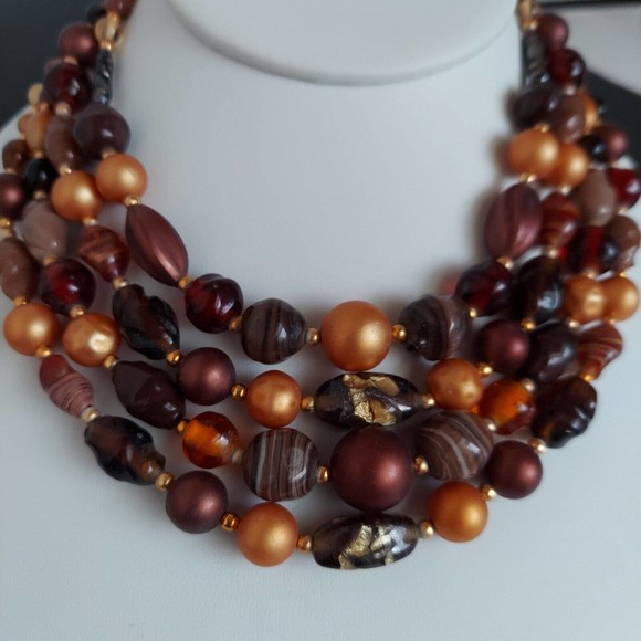 Vintage Japan Multi Strand Mix Bead Collar Necklace 15" Glass Brown Gold Estate - Picture 1 of 12